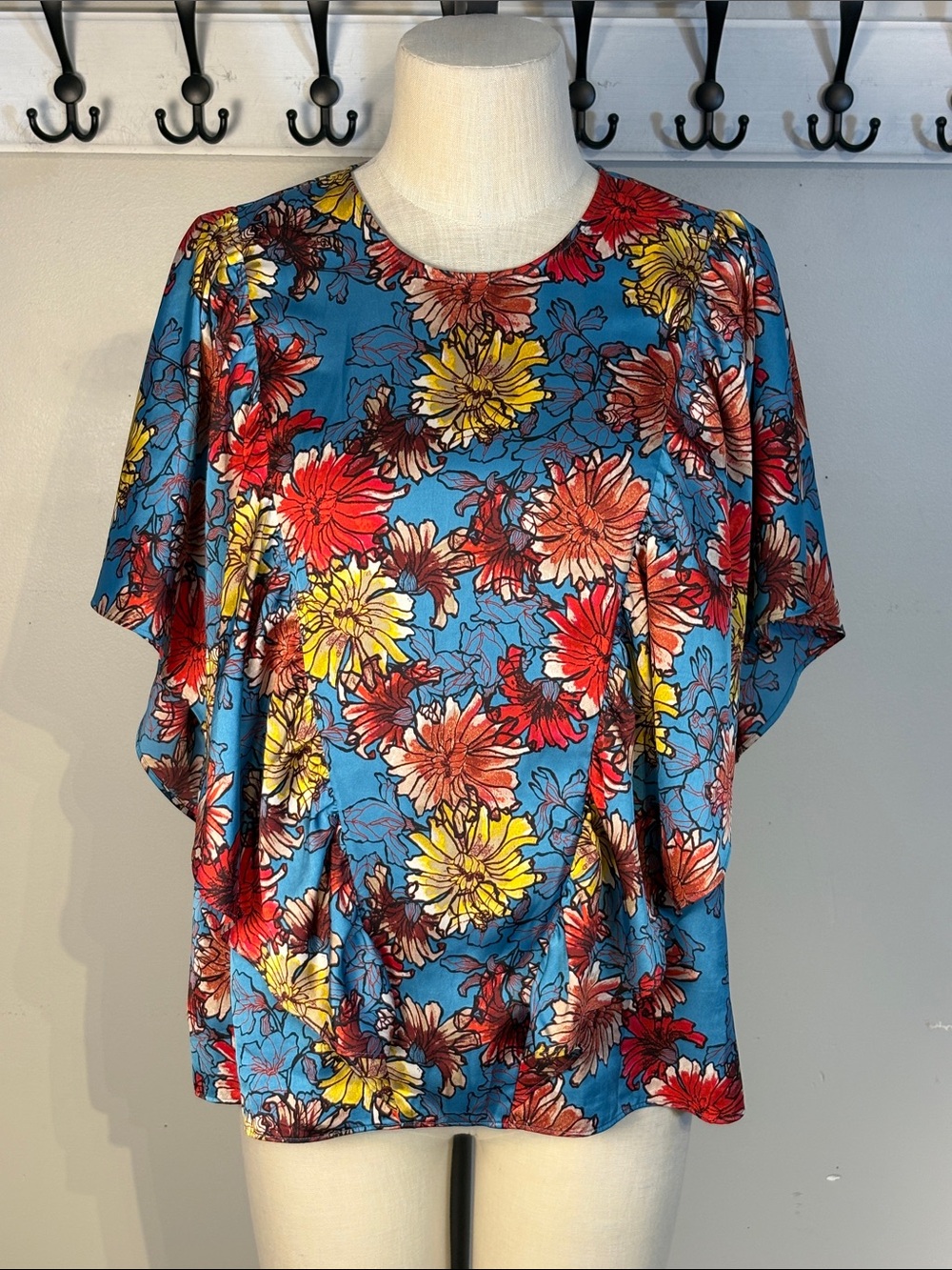 Little Moon Blue Floral Short Sleeve Blouse with Red & Yellow Blooms